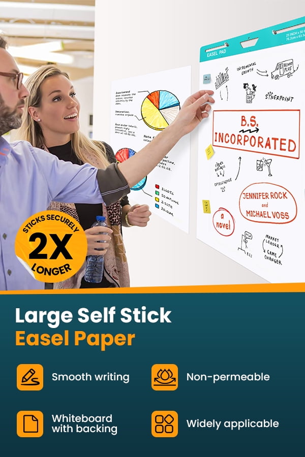 Sticky Easel Pad, 25 x 30 Inch, White, 30 Sheets/Pad, 6 Pads/Pack, Flip Chart Paper for Teachers,Large Self-Stick Easel Paper, Super Sticking Power & Bleed-Resistant