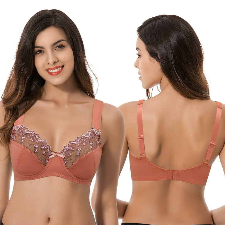 Curve Muse Plus Size Minimizer Underwire Bra With Lace Embroidery-2  Pack-BROWN,PEACH AMBER-48C