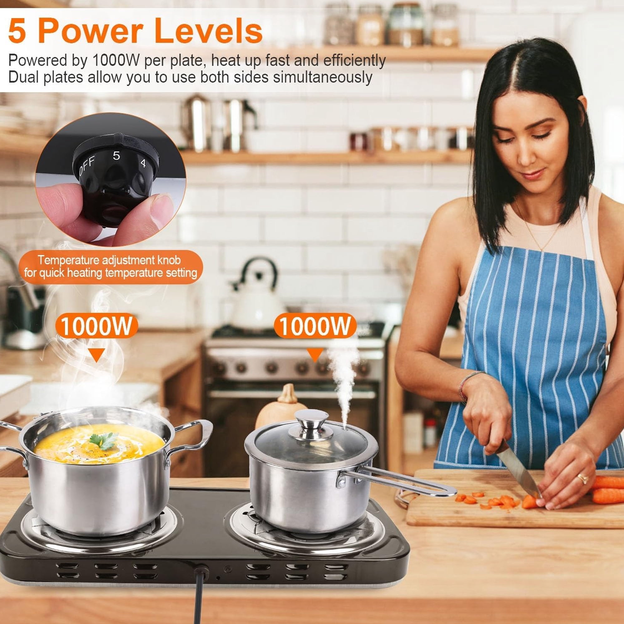 Daretodo 2000W Portable Electric Double Burner, Electric Hot Plate Kitchen Cooktop Cooking Stove Frying Pan and Easy to Clean for Home or Dorm, 5 Adjustable Temperatures, Black