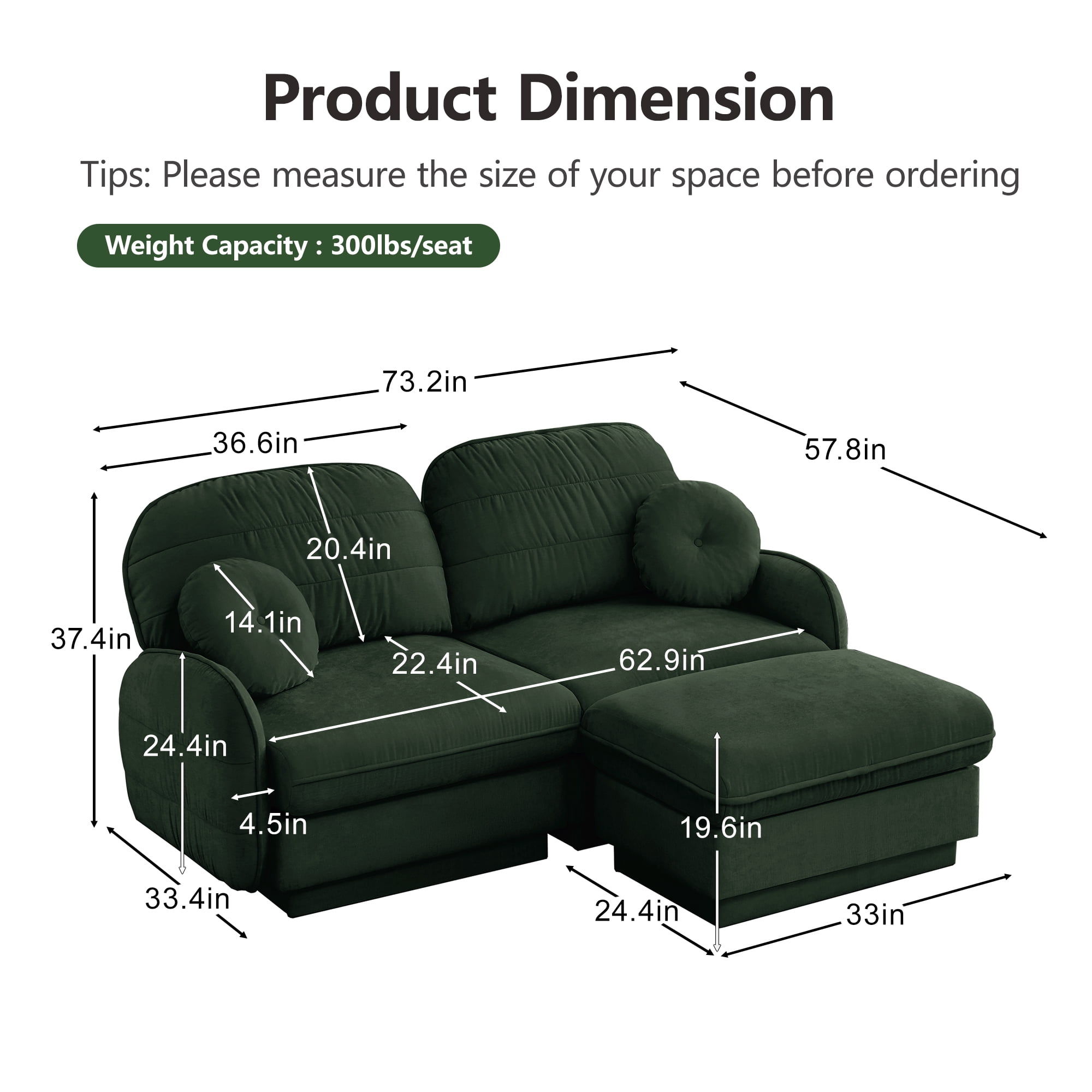 Mintazer Chenille Cloud Loveseat Sofa with Movable Ottoman and Round Pillows, L-Shaped Ergonomic Sofa Couch for Living Room, Bedroom, Green