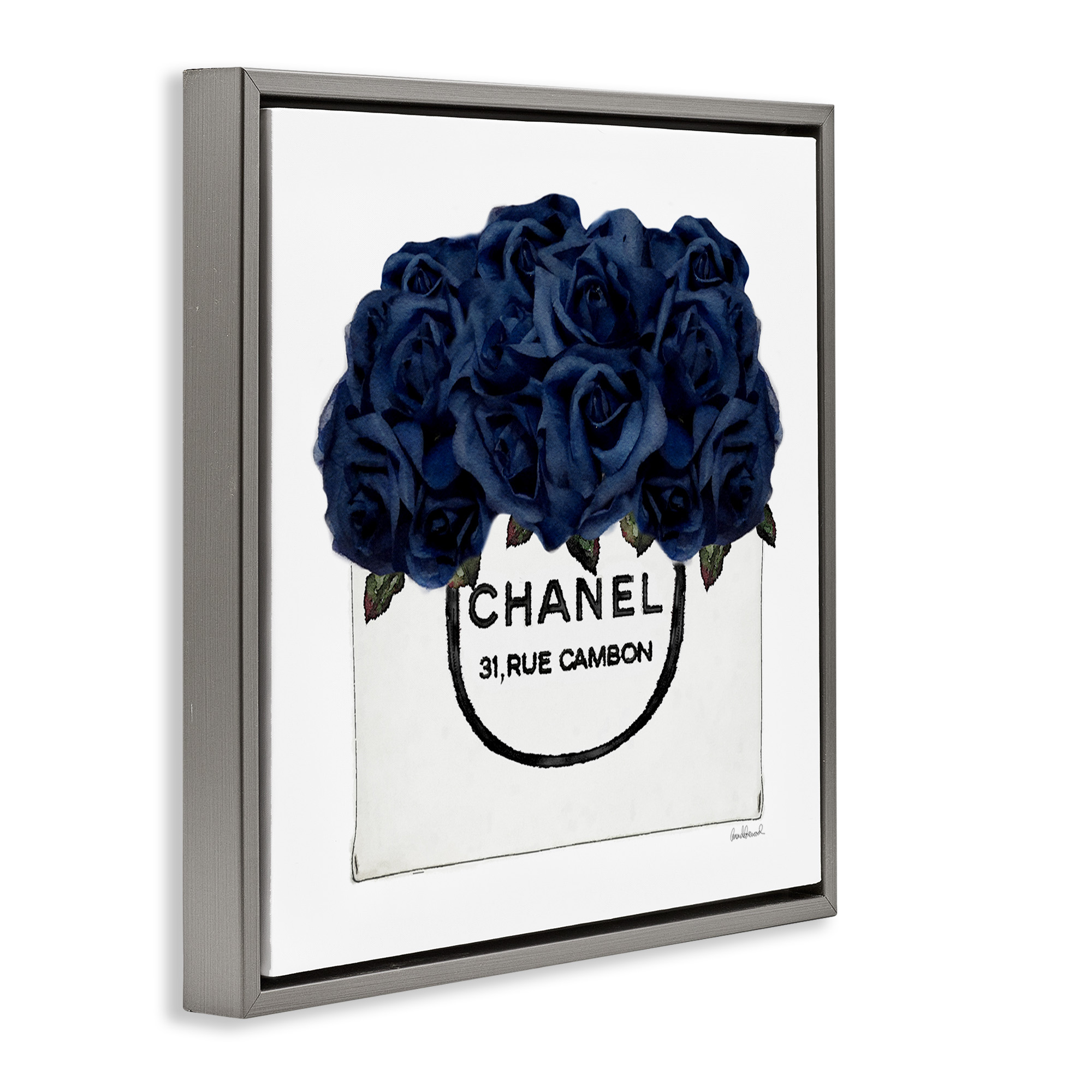 Stupell Industries Trendy Chic Navy Blue Roses Botanical & Floral Painting Gray Floater Framed Canvas Art Print Wall Art, 18 x 18