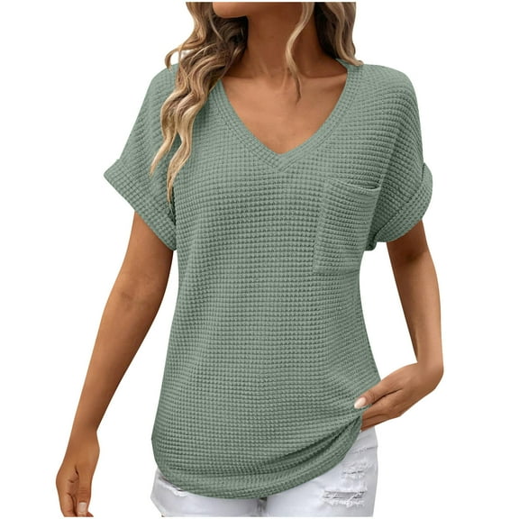 Kovlvoll Womens Tops V Neck Short Sleeve Shirts Summer Solid Color Casual Comfy Top with Pockets