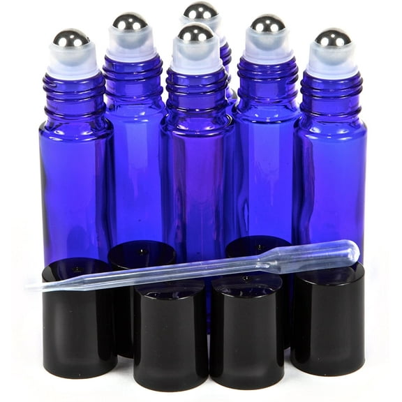 6, Cobalt Blue, 10 ml Glass Roll-on Bottles with Stainless Steel Roller Balls - .5 ml Dropper Included