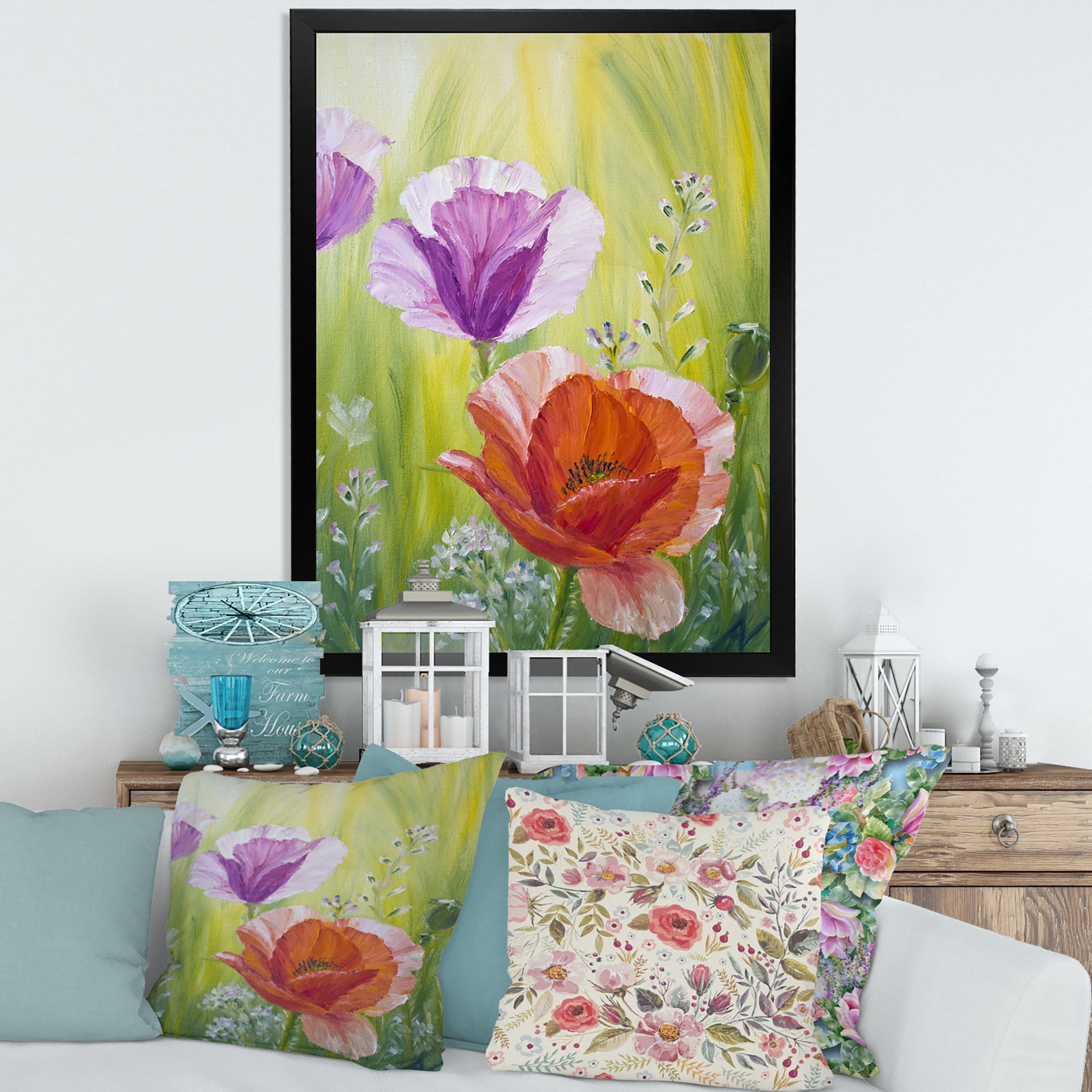 Designart 'Poppies In The Morning In Wild Green' Traditional Framed Art Print