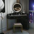 thumbnail image 2 of Corner Vanity Set with Lighted Mirror, Makeup Dressing Table with Drawers, Cabinet and Cushioned Stool, Girls Vanity Desk for Bedroom (Black), 2 of 8