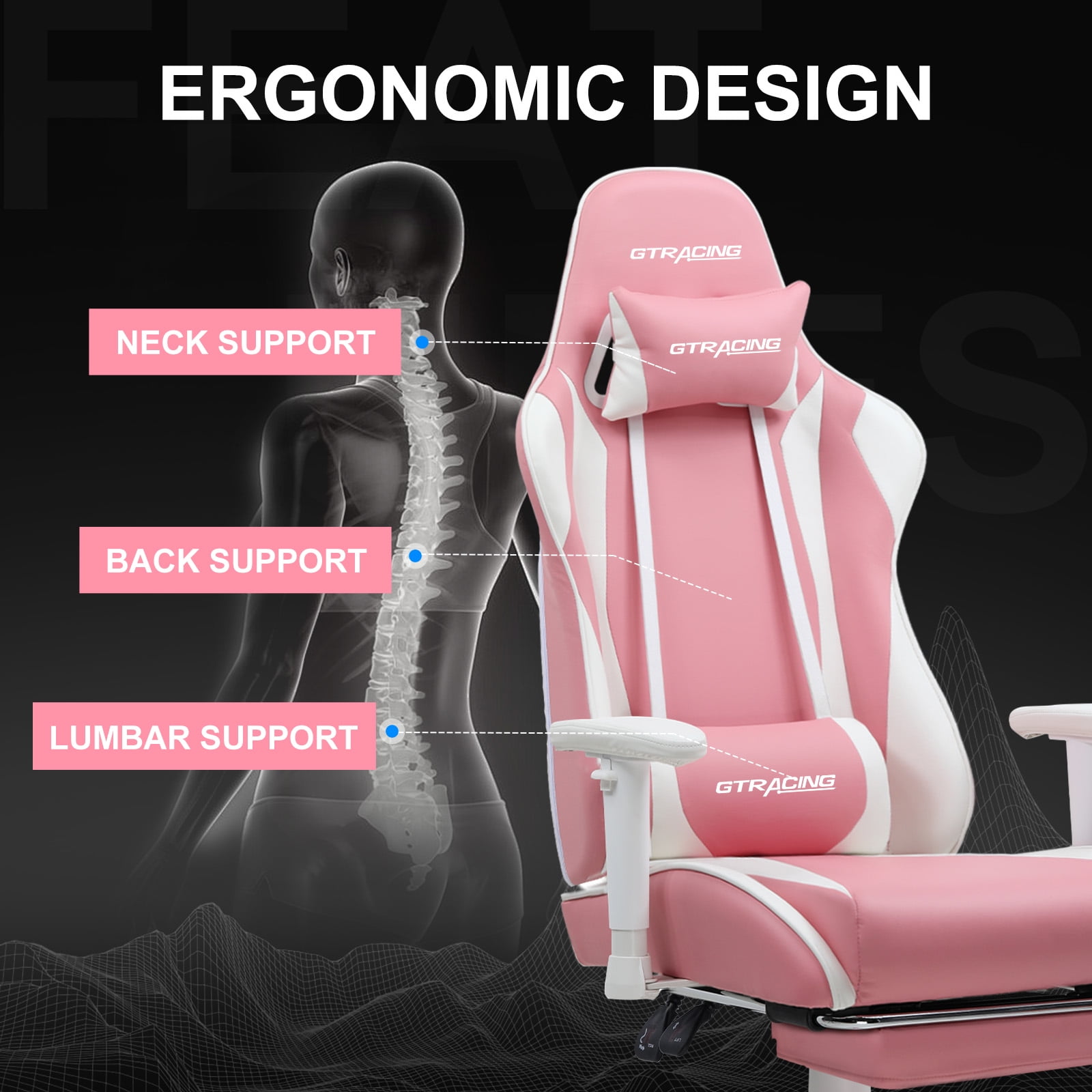 GTPLAYER Gaming Chair with Footrest PU Leather Office Chair with Adjustable Headrest, Pink
