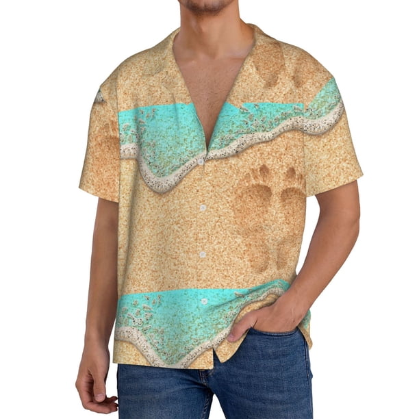 Balery Beach Footprint Camisa Casual de Manga Corta con Botones para Hombre, Texturizada, Estilo Cubano, para Playa, Verano-XX-Large