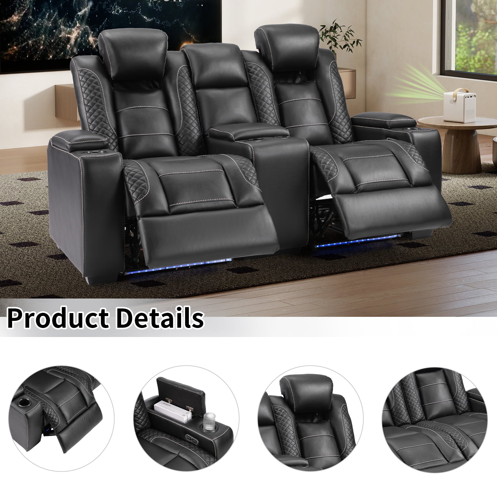 Bonzy Home Power Theater Loveseat Recliner — PU Leather Power Recliner with Center Console, USB Ports, LED Lights & Adjustable Headrests, Black