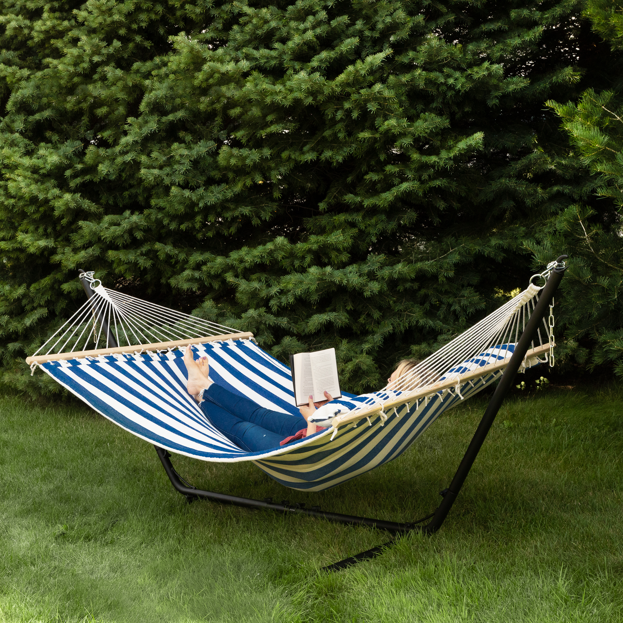 Northlight Striped Quilted Two Person Double Hammock with Pillow - 9' x 55" - Blue and Cream
