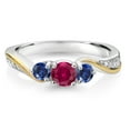thumbnail image 2 of Gem Stone King 925 Silver and 10K Yellow Gold Red Created Ruby Blue Created Sapphire and White Lab Grown Diamond 3 Stone Engagement Ring for Women (0.56 Cttw, July Birthstone, Size 7), 2 of 3