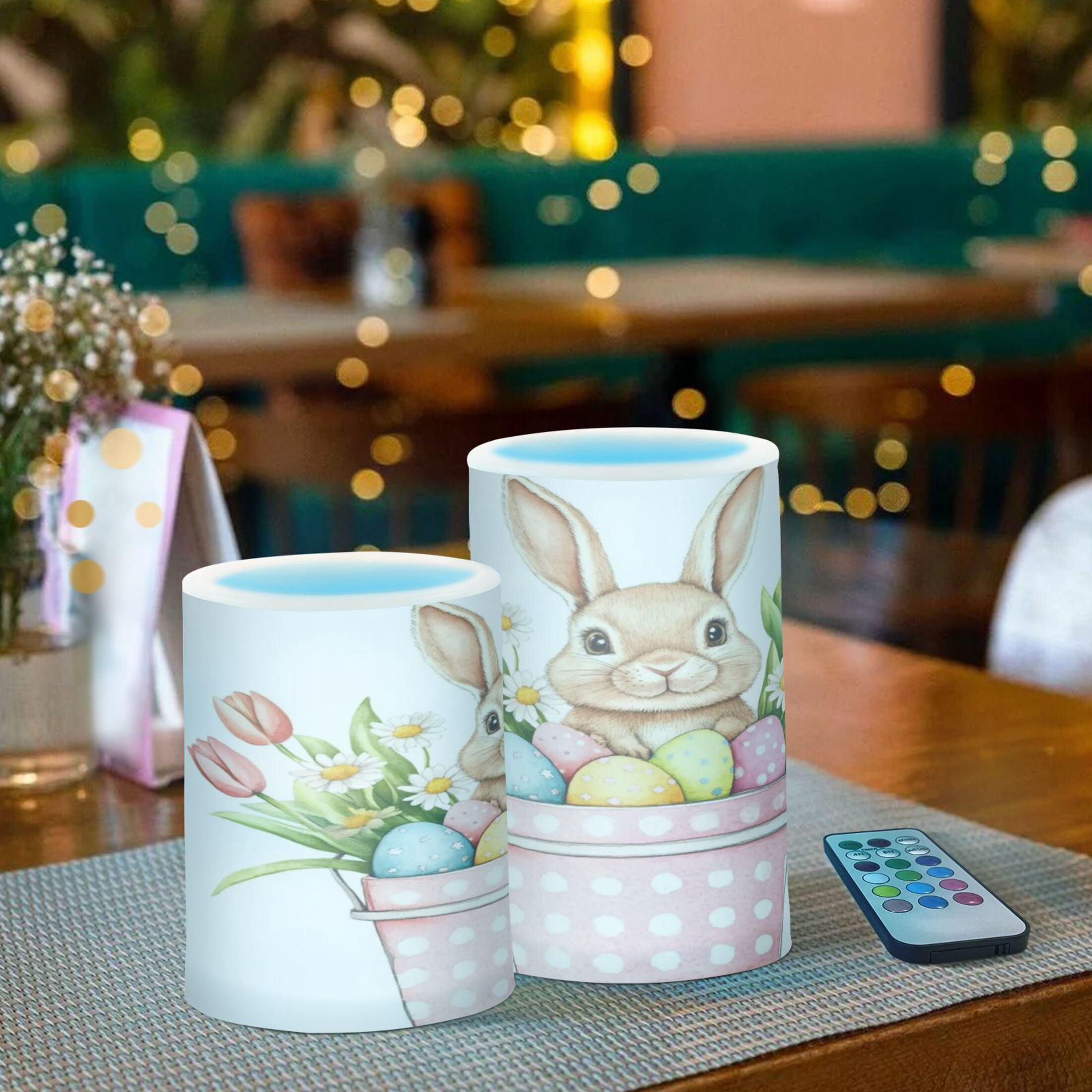2 PCS Flameless Candles with Remote Timer LED Battery Operated Flickering Candle Light for Wedding Table Home Decoration Gifts Easter Bunny and Bucket