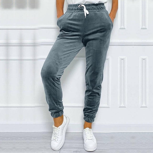 Jsaierl Pantalon de Jogging en Velours pour Femmes Taille Haute Élastique avec Cordon de Serrage Pantalon de Course Décontracté pour Randonnée en Plein Air avec Poches