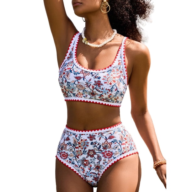 Conjunto de bikini Herseas con estampado floral de talle alto rojo para mujer