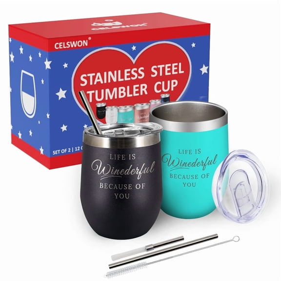 CELSWON Stainless Steel Wine Tumbler 2 Pack, Insulated Wine Glasses Set with Lids and Straws, Wine Tumblers with sayings, (Black & Tiffany Blue 2 Pack, 12 oz)