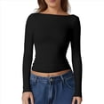 thumbnail image 3 of Camisa de Larga con Cuello Redondo para Mujer, Básica, con Doble Forro y Fruncido Lateral, para Salir Negro XL, 3 of 7