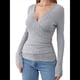 thumbnail image 2 of Camisas de Larga para Mujer, Cuello en V, Punto Acanalado, Corte Ajustado, Suéter con Botones, Blusa Informal de Trabajo para Otoño. Gris M, 2 of 10
