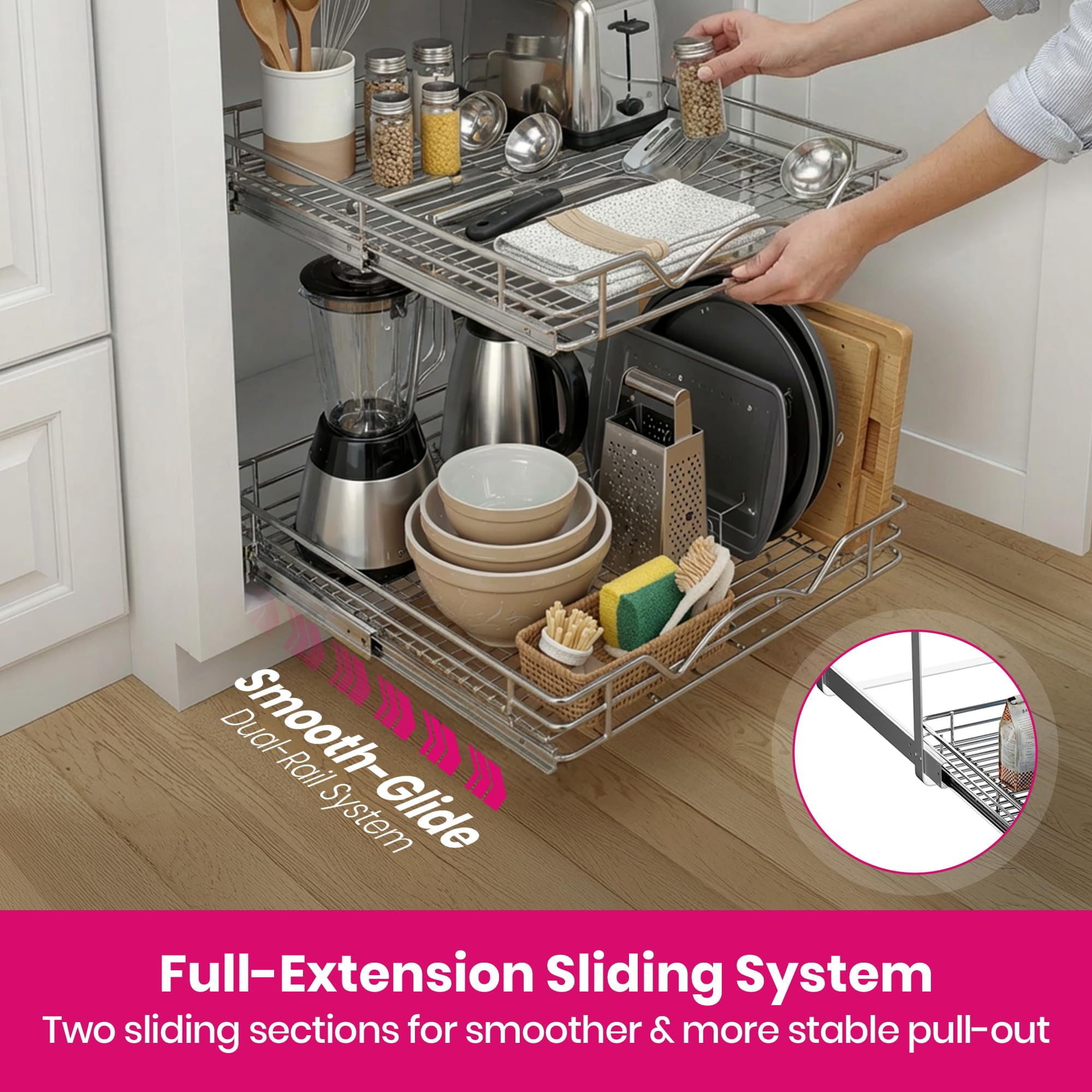 HOLDN' STORAGE 2-Tier Pull Out Cabinet Organizer Heavy Duty Steel Sliding Shelves for Kitchen Pantry and Under Sink Cabinets 8" W x 21" D x 16.5" H