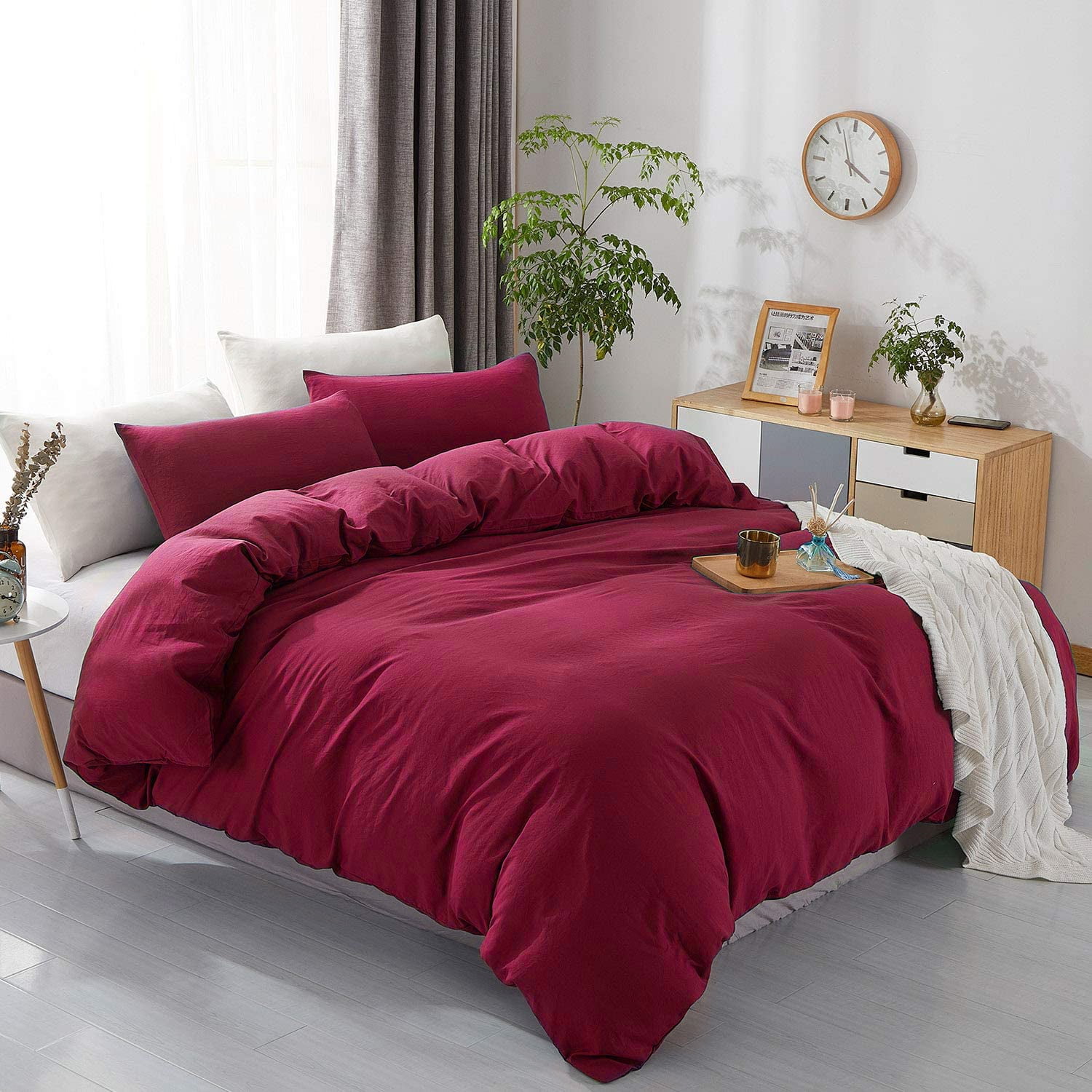 JML Twin Size Duvet Cover Set 2 Piece, Washed Microfiber Comforter Cover,Burgundy