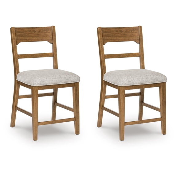 Signature Design by Ashley Cabalynn Counter Height Upholstered Barstools, Set of 2, Light Brown Frame with Cushioned Oatmeal Seat