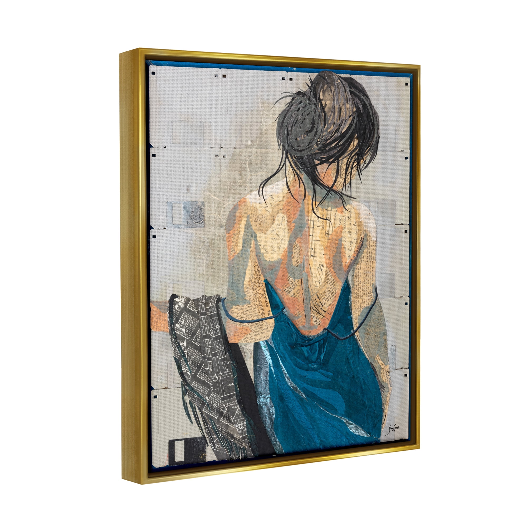 Stupell Industries Girl with Music Notes Collage Abstract Painting Gold Floater Framed Art Print Wall Art, 17 x 21