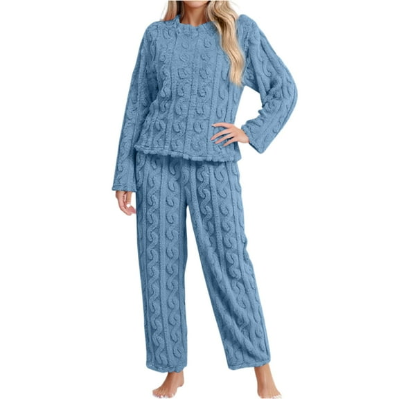 Women's Fleece-Lined Thick Crew Neck Long Pants Pajama Set Blue Size L