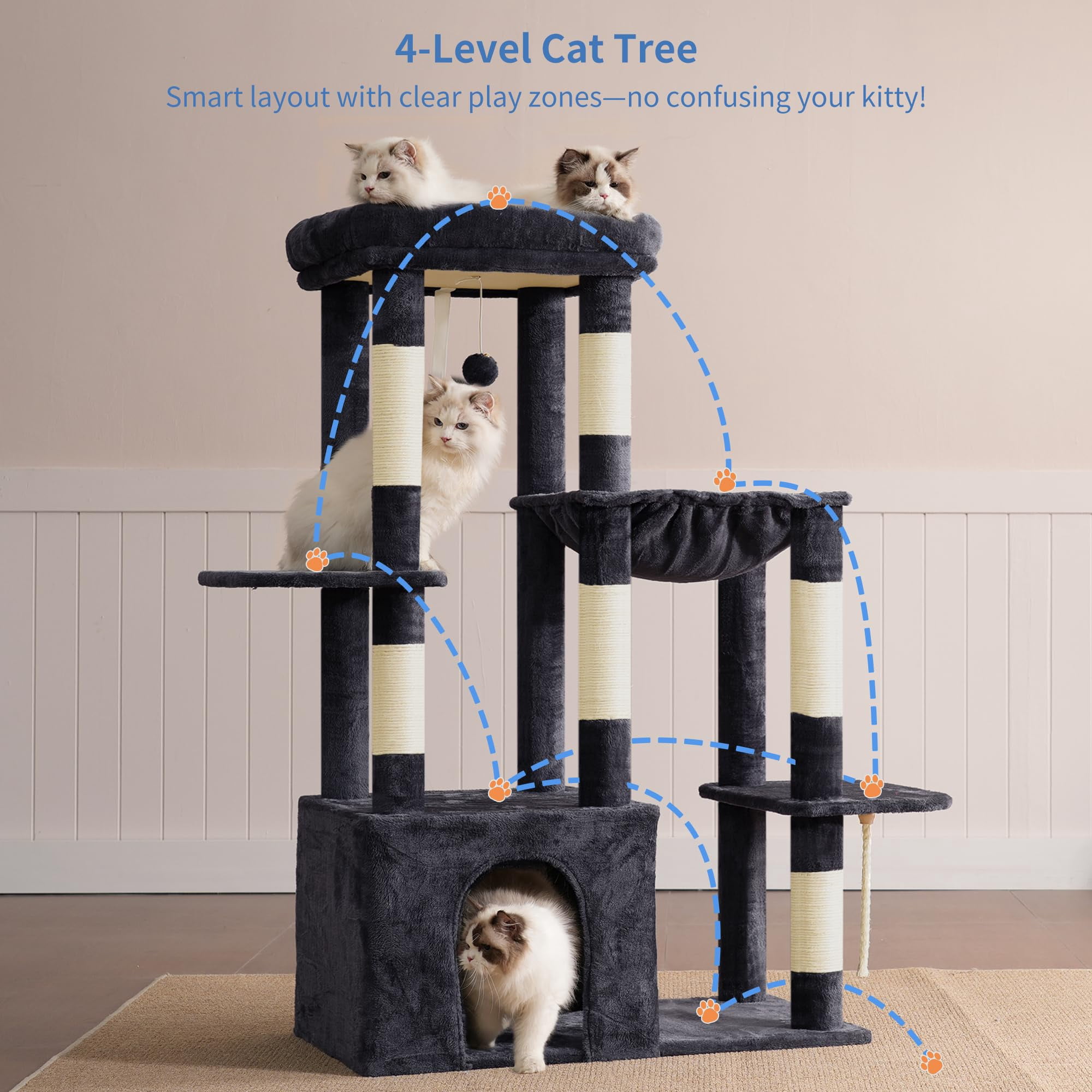 Heavy Duty Cat Tree  Tower For Indoor Cats Large Adult Tall Condo House With Extra-large Baseboard Multi-level Plush Furniture Posts Hammock Balls Smoky Gray Hct026g