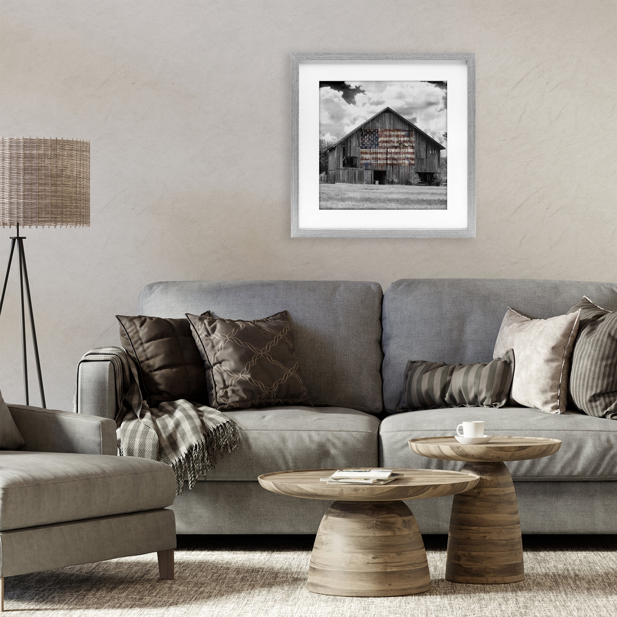 USA Flag Monochrome Barn Gray Framed Print Under Glass, design by Decent Exposures
