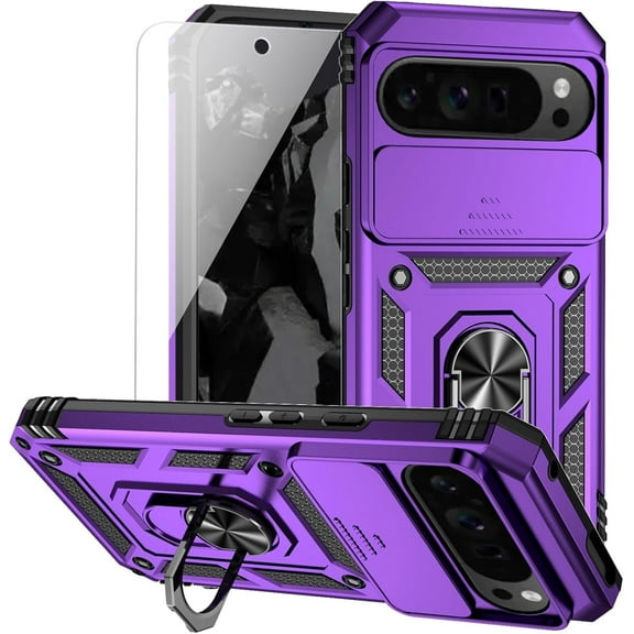 Pozyie for Google Pixel 9 / 9 Pro Rugged Phone Case with Screen Protector, Kickstand, TPU Bumper, Drop Proof Military Grade Protective Shell, Purple