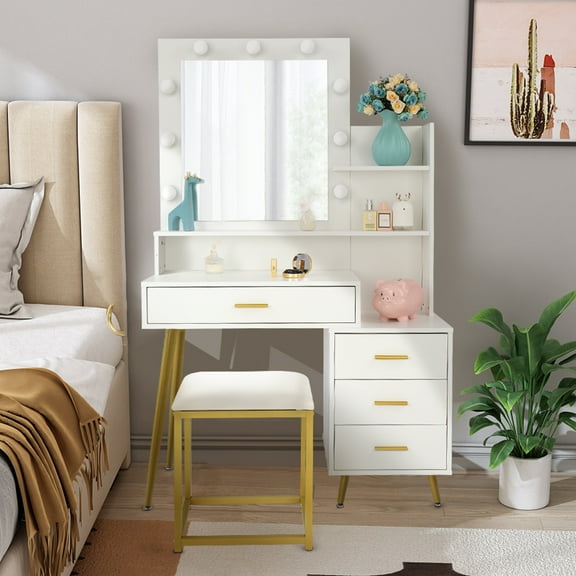 BAYUELSWU Makeup Vanity Set with Mirror & 9 LED Bulbs, 4 Drawers Vanity Desk with Cushioned Stool, Dressing Table Makeup Desk for Women, Girls, Bedroom (White)