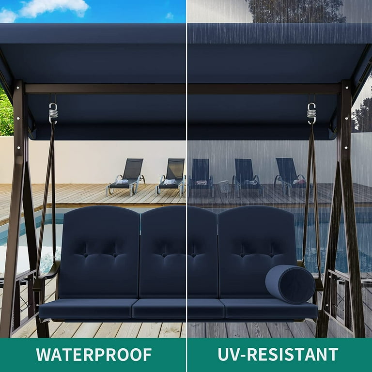 Dextrus 3 Seat Deluxe Porch Swing Outdoor Heavy Duty Patio Swing Chair with Adjustable Canopy Removable Cushions Weather Resistant Steel Frame
