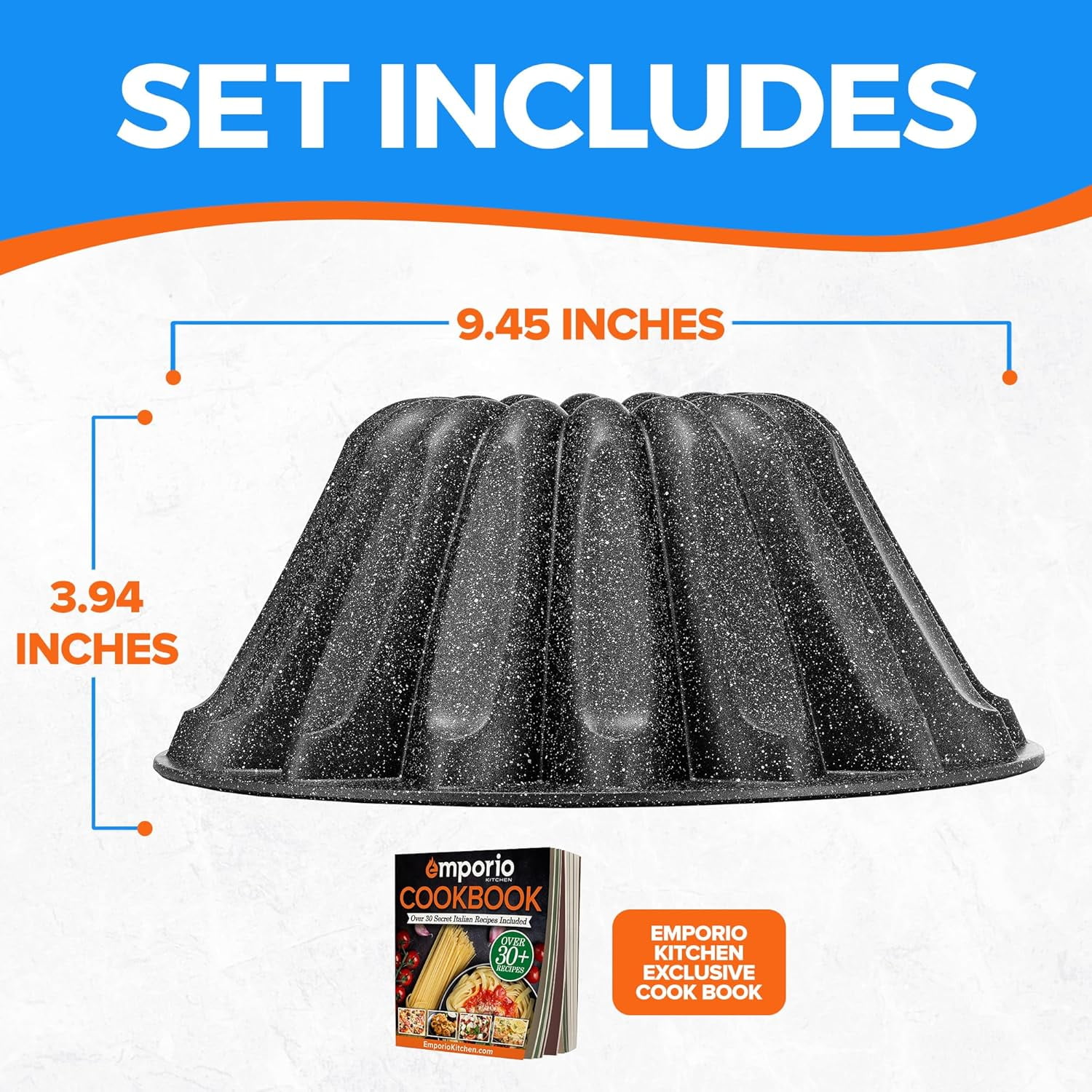 Gray Marble Nonstick Aluminum Fluted Cake Pans – Two-Layered Coating, Oven Safe up to 450°F, Includes Recipe Booklet, Fountain & Crown Designs