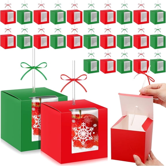 48 Set Christmas Candy Apple Boxes with Hole Stick Ribbon and Stickers 4x4x4 Inch Red Green Caramel Apple Gift Cake Treat Boxes with Clear Window for Christmas Party