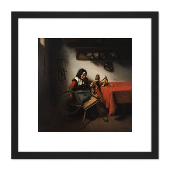 Nicolaes Maes Old Woman Spinning Painting 8X8 Inch Square Wooden Framed Wall Art Print Picture with Mount
