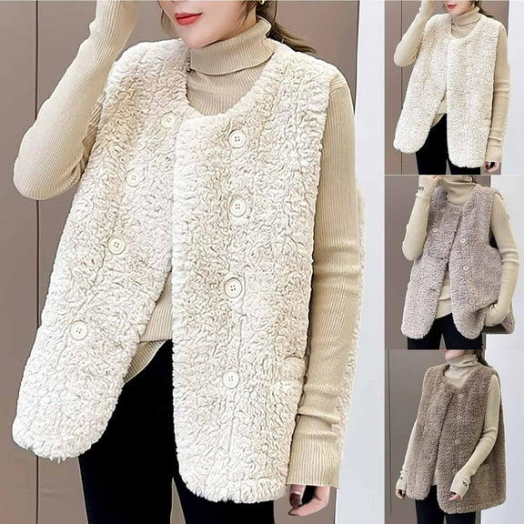 Lovskoo Womens Sherpa Vest Casual Warm Fuzzy Faux Shearling Vest Sleeveless Fleece Jacket Pockets Teddy Coat Gilet for Winter Khaki
