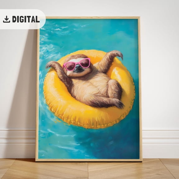 Sloth Summer Poster: Colorful Animal Coastal Poster Wall Art, Beach House Decor, Unframed Poster Size 8x12