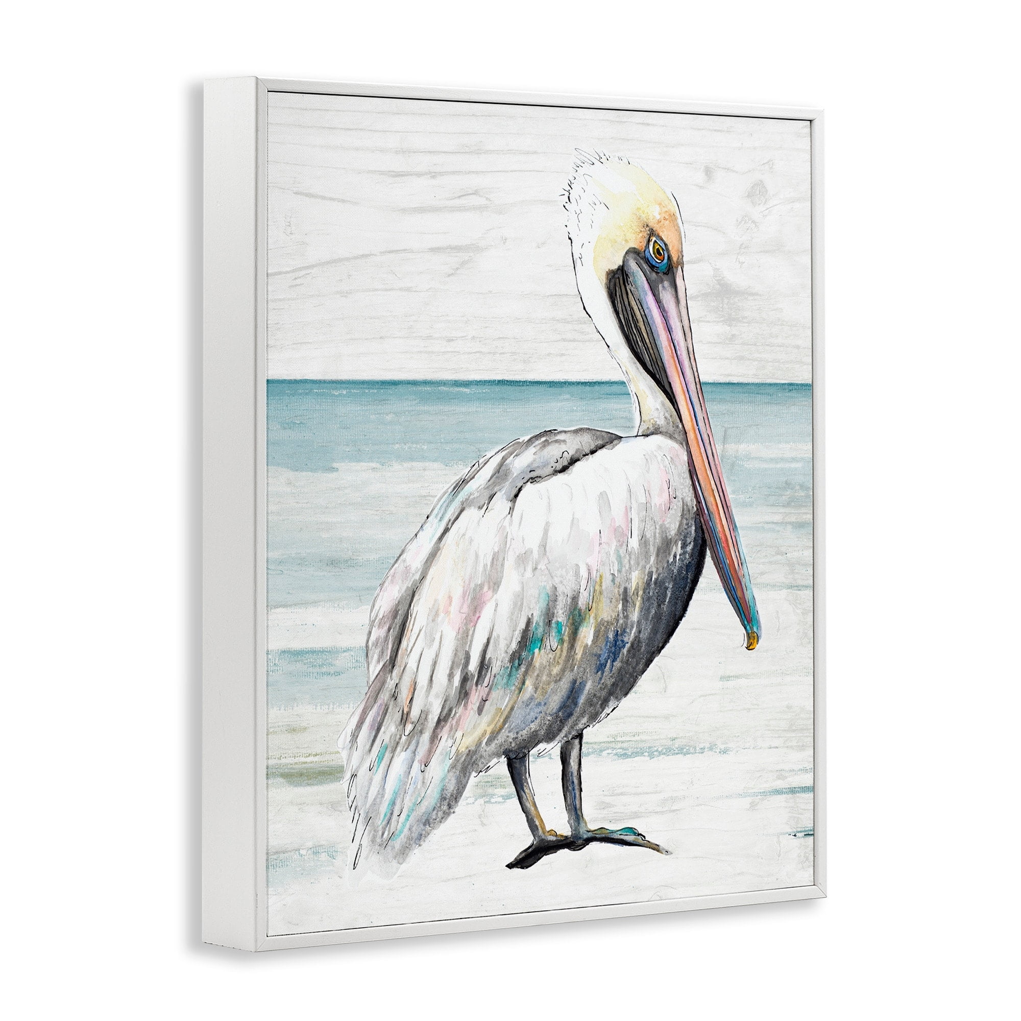 Stupell Industries Rustic Pelican Bird Beach Shoreline Portrait Graphic Art White Framed Art Print Wall Art, Design by Patricia Pinto