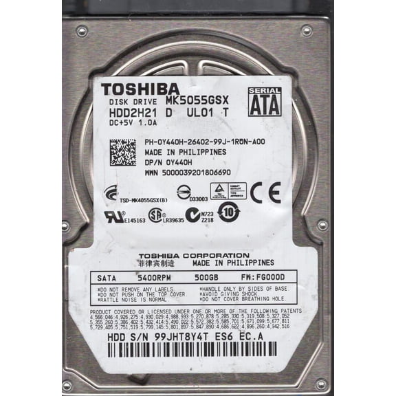 MK5055GSX, FG000D, HDD2H21 D UL01 T, Toshiba 500GB SATA 2.5 Hard Drive