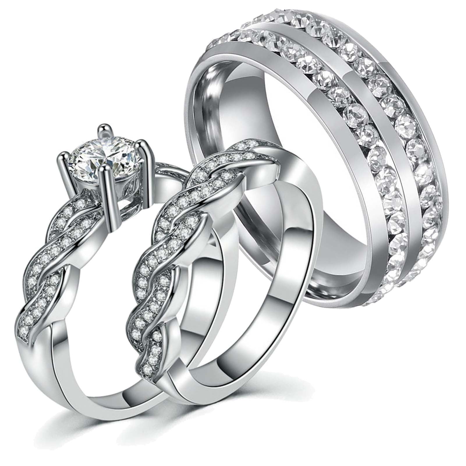 Matching Rings White Gold Plated Couple Rings CZ Wedding Ring Sets for