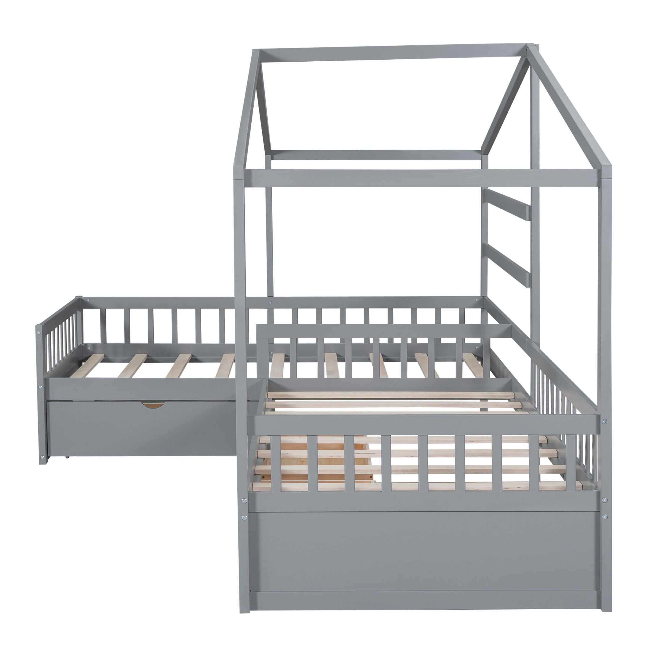 Noble House Yorke Twin Size House Platform Bed with 3 Storage Drawers, L-Shaped Solid Wood Frame, Gray