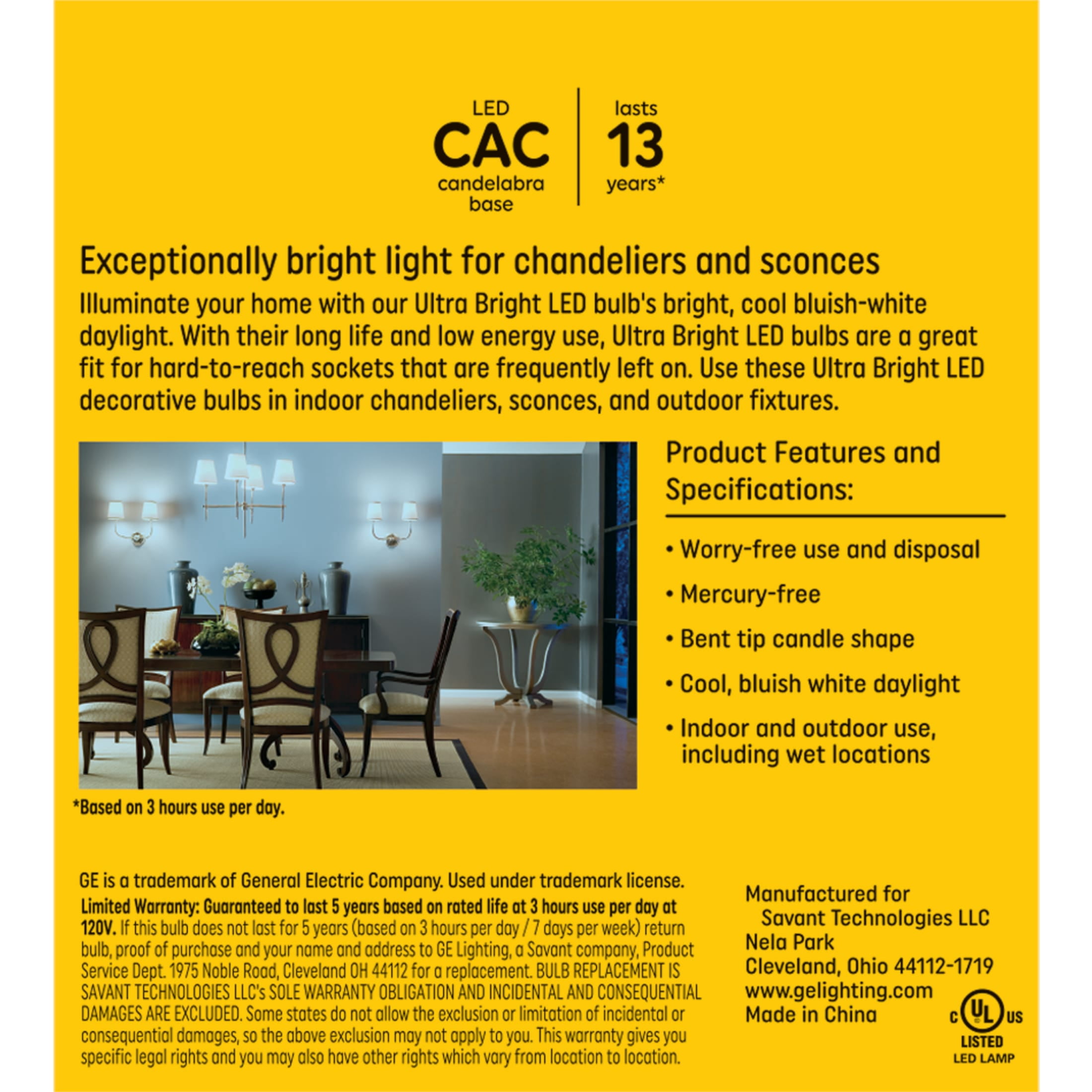 GE Ultra Bright LED Light Bulbs, 100 Watt Replacement, Daylight, CA12 Decorative Candle Bulbs, 3pk