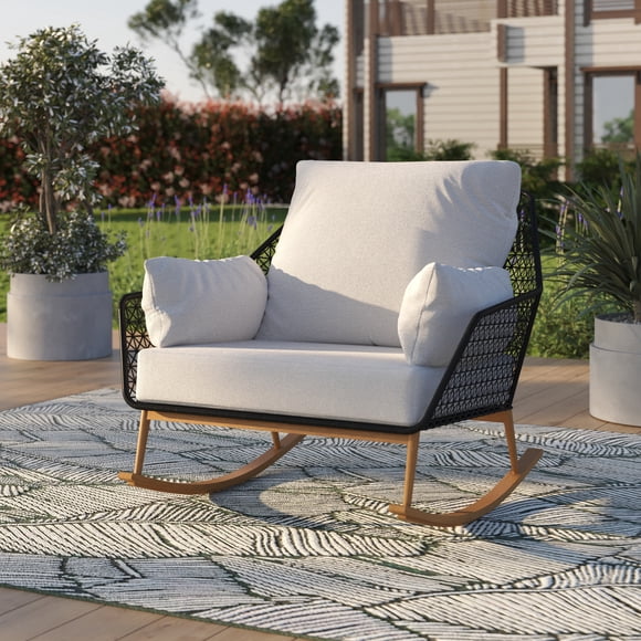 HOMETRENDS Sienna Steel Outdoor Cuddle Rocking Chair with Cushions, Off-White