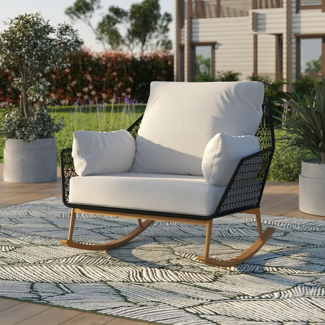 HOMETRENDS Sienna Steel Outdoor Cuddle Rocking Chair with Cushions, Off-White
