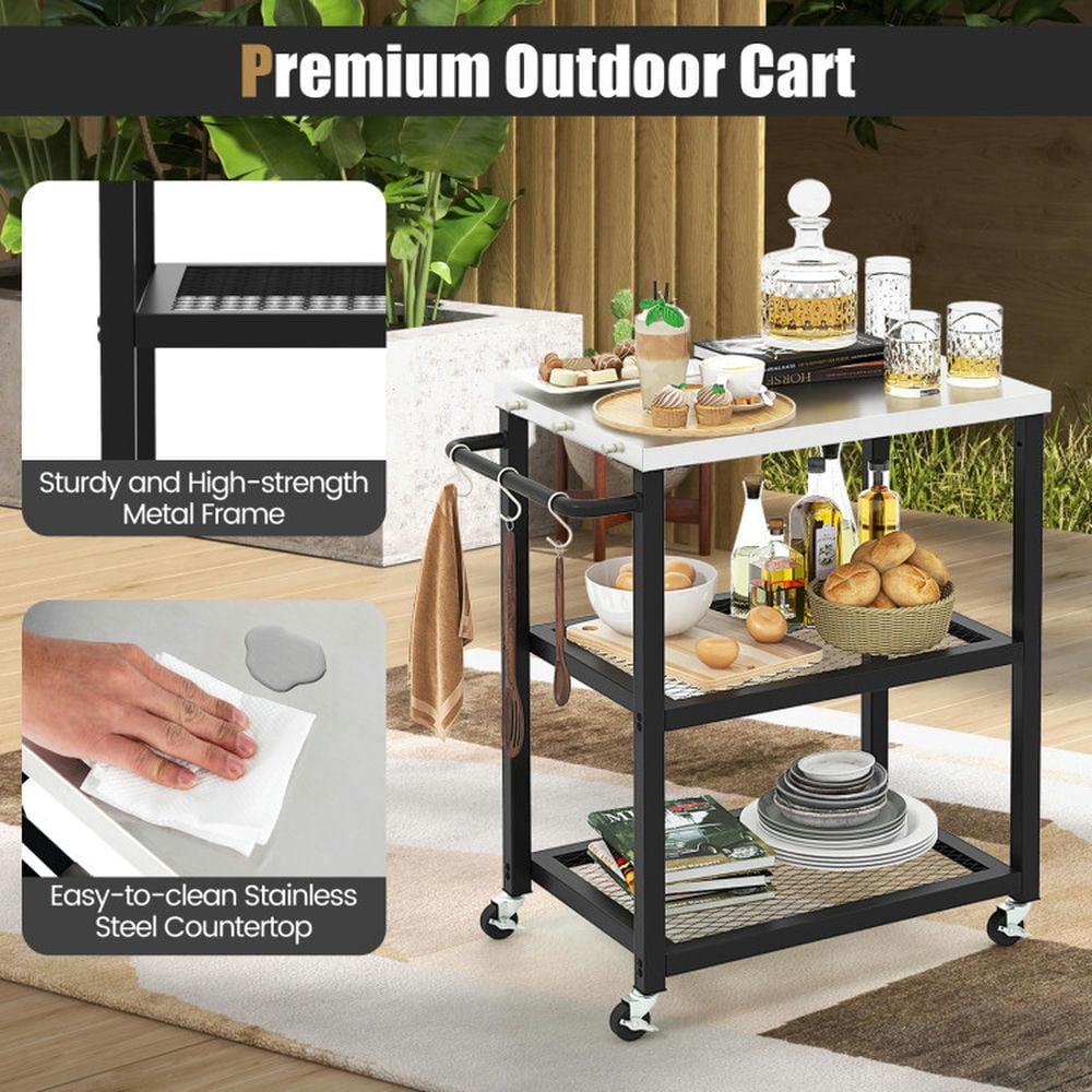 Demifill 3-Tier Foldable Outdoor Stainless Steel Food Prepare Dining Cart Table on Wheels-Black, Camp Stove for Outdoor Cooking