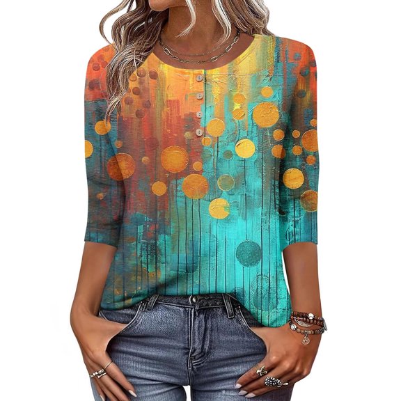 Sakmal Blouses for Women Work Button Down Yellow Shirts 3/4 Sleeve Henley Graphic Blouses for Women