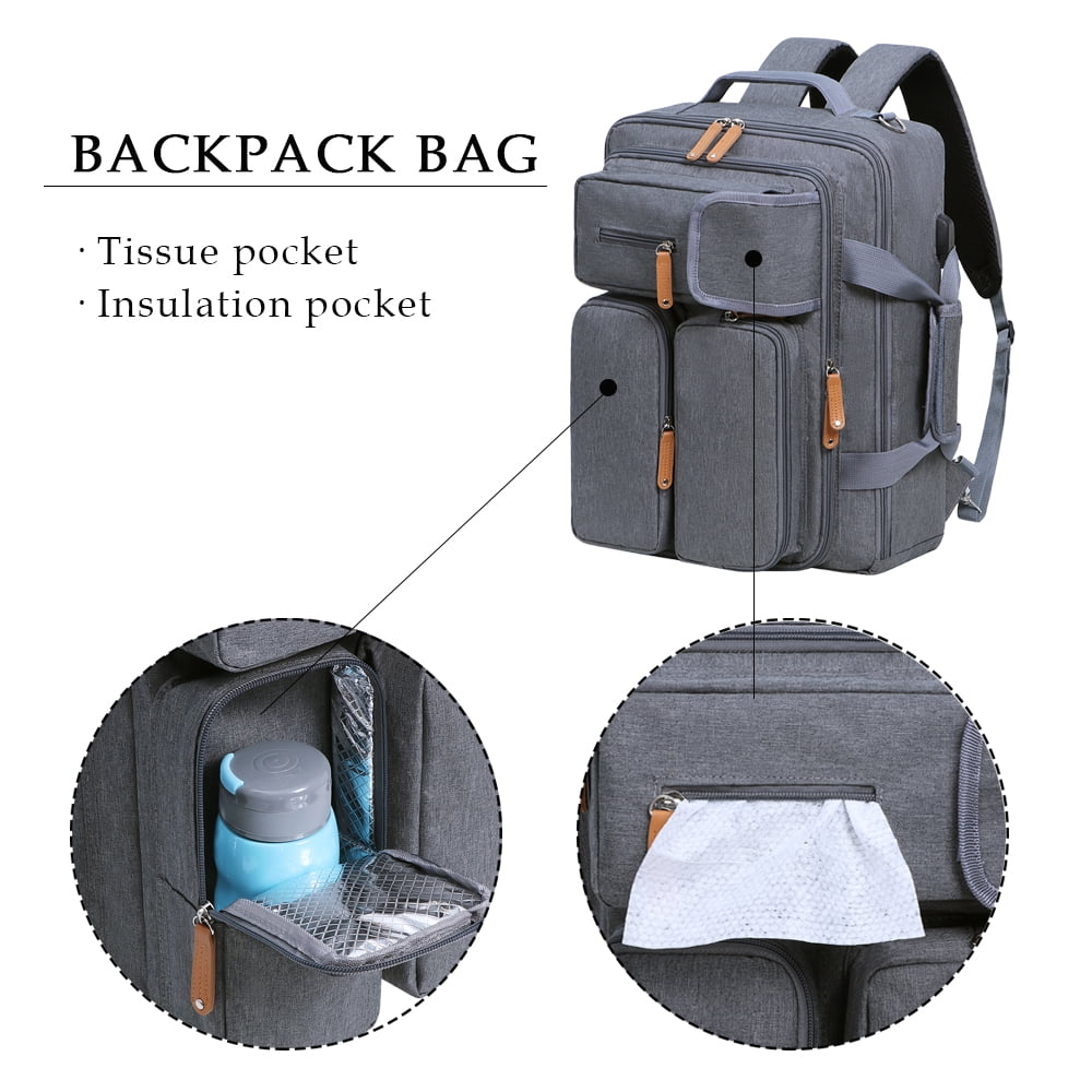 Baby Diaper Backpack - Large Capacity Waterproof Nappy Bag with Insulated Pockets and 14-inch Laptop Compartment, Large Daypack Business Weekender Luggage Backpack for Momm Dad （Grey)