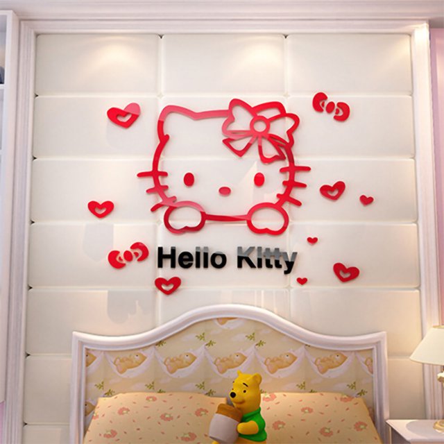 Calcomanía de pared 3D, acrílico estéreo mediano, dibujos animados, lindo gato, Hello Kitty, pegatina de pared para habitación de niños, dormitorio, cabecera, letras grandes rojas y negras