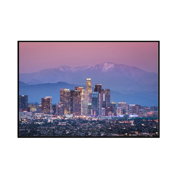 Los Angeles, California - Downtown & Mount Baldy - Lantern Press Photography (24x16 Framed Gallery Wrapped Stretched Canvas)