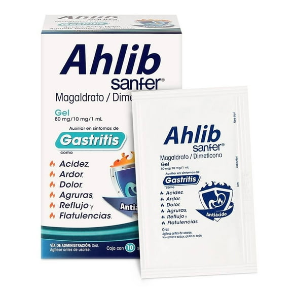 Antiácido Ahlib Malgaldrato 8 g, Dimeticona 10 mg gel 10 sobres 10 ml c/u