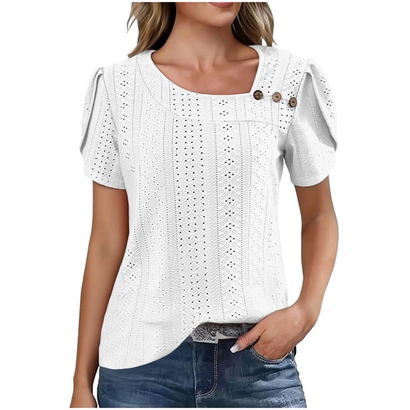BLVB Women Eyelet Spring Summer Tops Dressy Casual Petal Short Sleeves Shirts Loose Blouse Outfits Beach Vacation Clothes