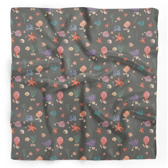 Bimba Gray Shell & Starfish Ocean Printed Pure Silk Scarf Neck Wrap Summer Hair Bandanas For Women 40 x 40 Inches